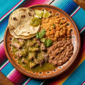 Pork simmered in green tomatillo salsa with Mexican rice, refried beans and warm tortillas, on a terracotta clay plate.
