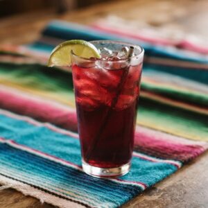 A tall glass of deep red hibiscus agua de jamaica over ice with a lime wedge.