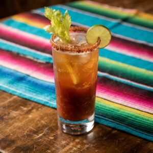 A michelada in a tall glass with a salt rim and a lime wedge.