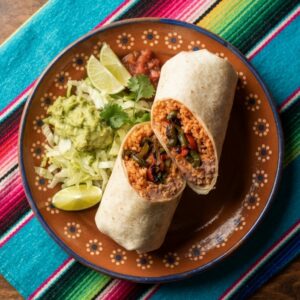 A burrito cut in half showing rice, beans and grilled peppers and onions, with guacamole and lettuce, on a terracotta clay plate.